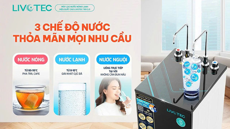 3 chế độ nước tiện lợi: nóng-lạnh-nguội