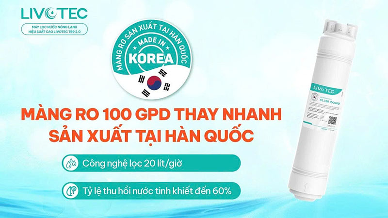Màng RO 100GPD sản xuất tại Hàn Quốc với công suất lọc 20L/H
