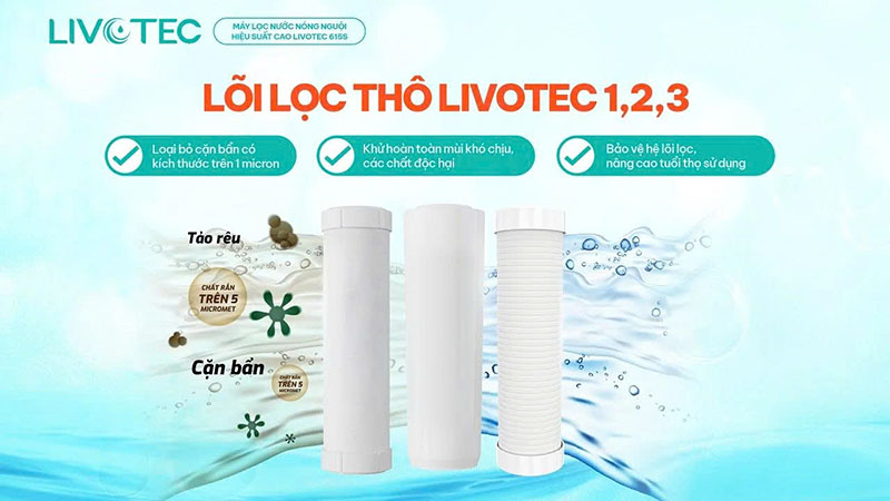 Cụm 3 lõi lọc thô vừa loại bỏ cặn bẩn, bùn đất vừa khử mùi hôi và chất hữu cơ còn dư trong nước