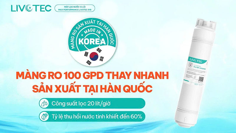 Màng RO 100GPD sản xuất tại Hàn Quốc với thiết kế đúc nguyên khối có thể thay tại nhà nhanh chóng