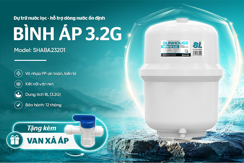 Bình áp nhựa 3.2G 8L máy lọc nước SUNHOUSE chính hãng