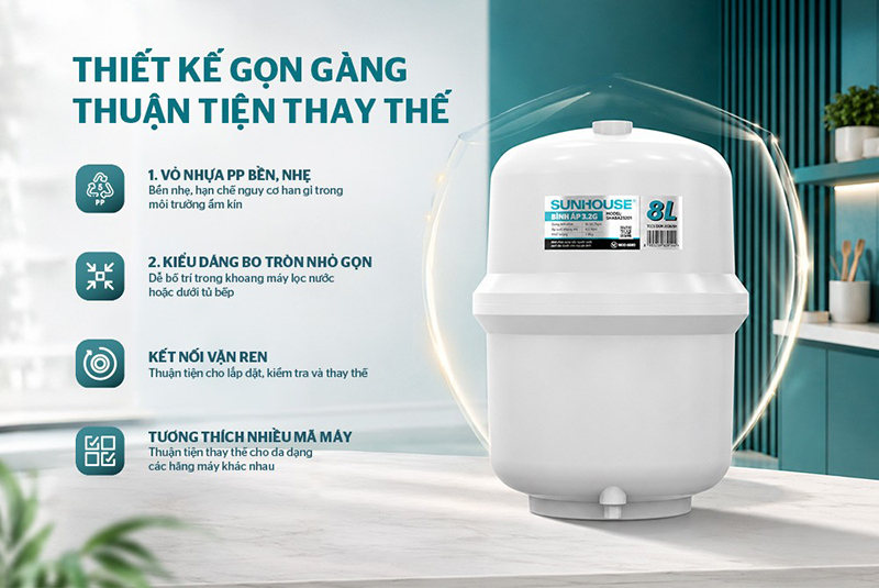 Bình áp SUNHOUSE 3.2G kết nối vặn ren kèm van xả áp nối nhanh