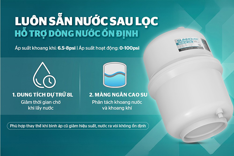 Bình áp nhựa SUNHOUSE 8L dự trữ nước sau lọc cho máy lọc nước RO