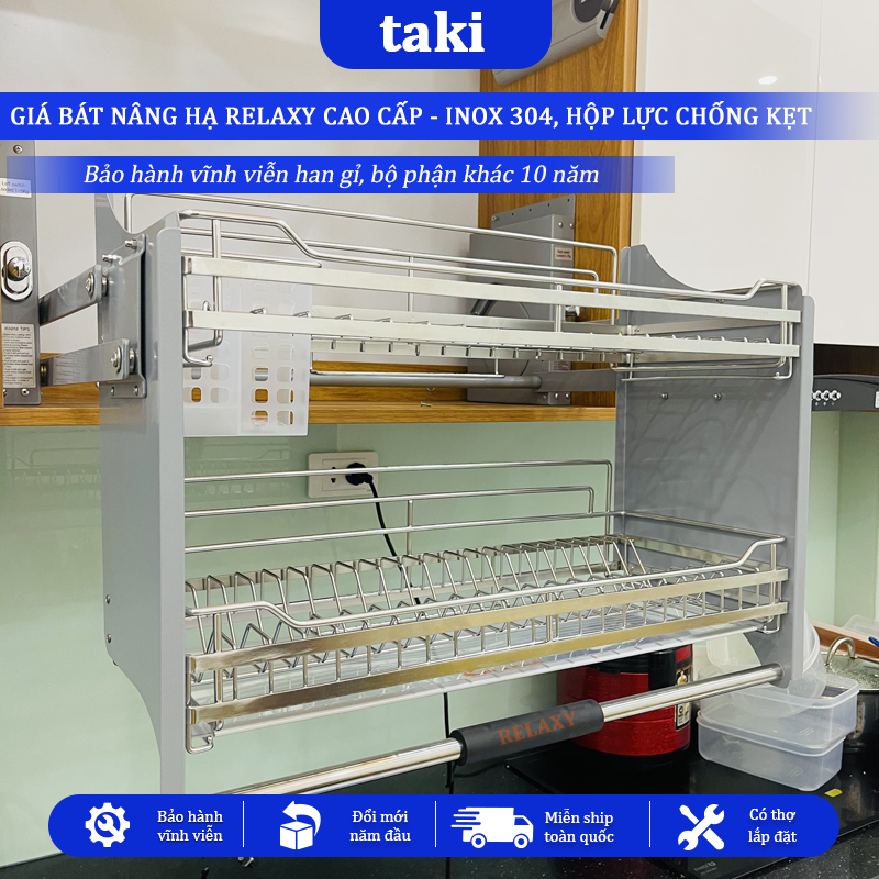 Giá Bát Nâng Hạ RELAXY CAO CẤP, Kệ Chén Nâng Hạ, INOX 304, Bảo Hành Hộp Lực 10 Năm, Trọn Đời Han Gỉ INOX, Có Thợ Lắp