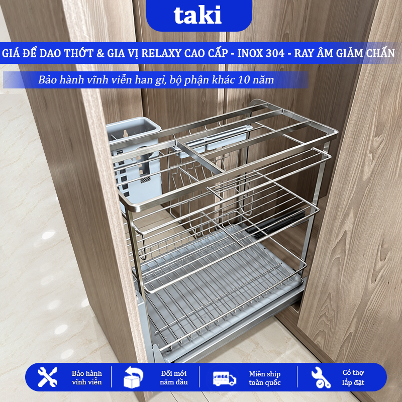 Trọn Bộ Giá Kéo Dao Thớt RELAXY CAO CẤP, Kệ Dao Thớt Tủ Bếp , INOX 304, Ray ÂM Giảm Chấn, Bảo Hành Vĩnh Viễn, Có Lắp