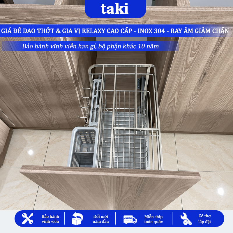 Trọn Bộ Giá Kéo Dao Thớt RELAXY CAO CẤP, Kệ Dao Thớt Tủ Bếp , INOX 304, Ray ÂM Giảm Chấn, Bảo Hành Vĩnh Viễn, Có Lắp