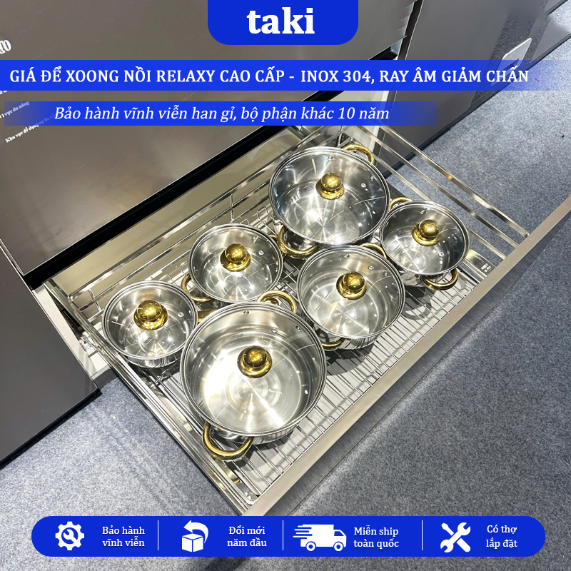 Trọn Bộ Giá Để Xoong Nồi Tủ Bếp Dưới RELAXY CAO CẤP- INOX 304 - Ray Âm Giảm Chấn, Bảo Hành Vĩnh Viễn - Có Thợ Lắp