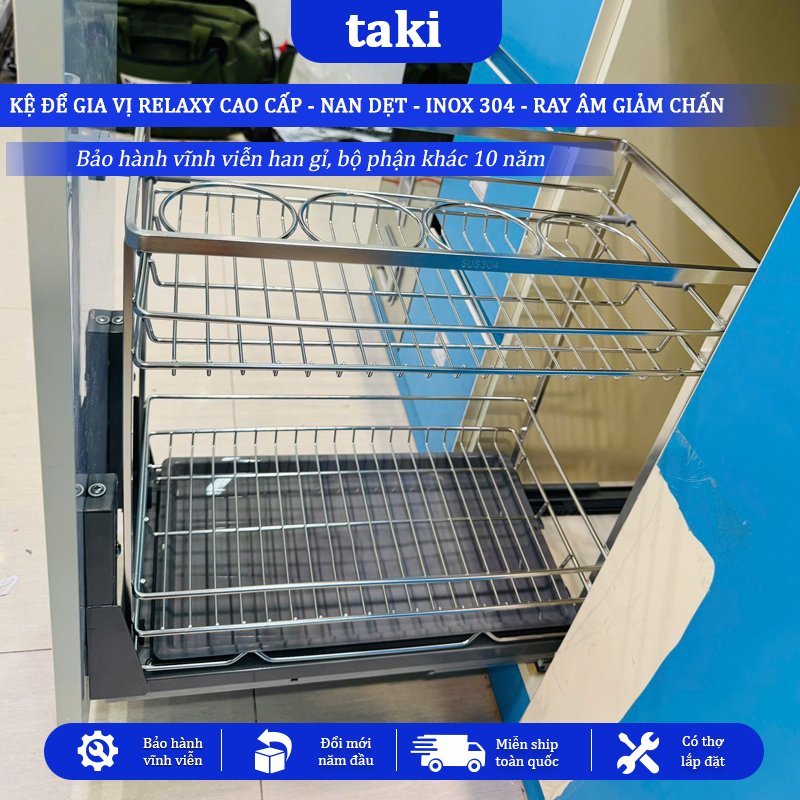 Trọn Bộ Giá Kéo Đựng Gia Vị Tủ Bếp RELAXY CAO CẤP, INOX 304, Hệ Ray Giảm Chấn , Bảo Hành Vĩnh Viễn, Có Thợ Lắp