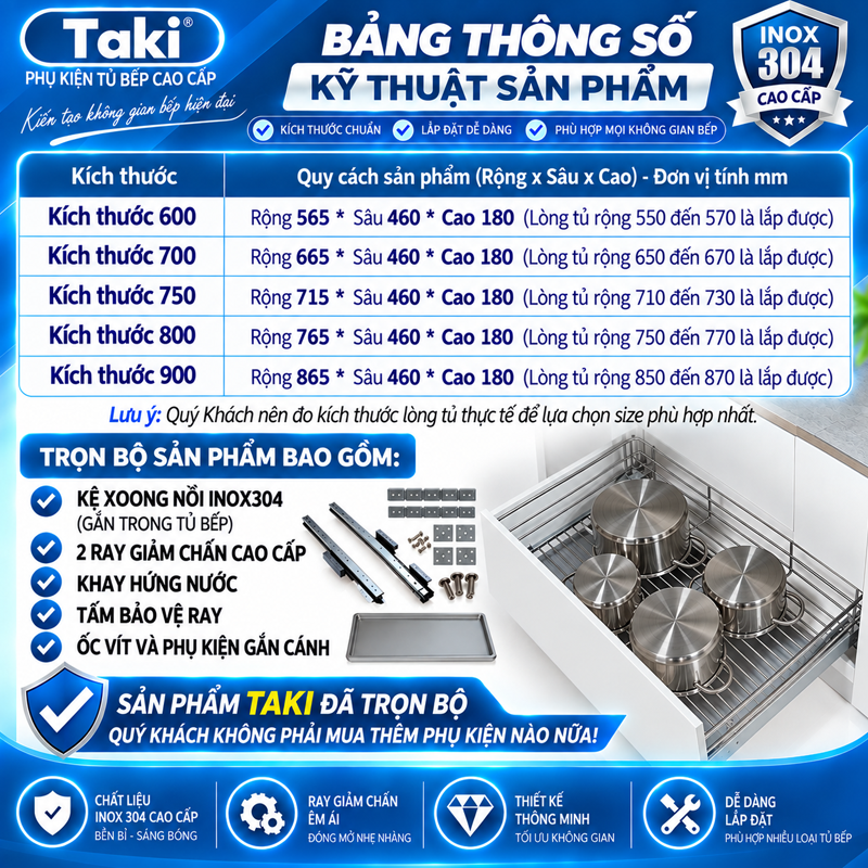 Trọn Bộ Giá Để Xoong Nồi Tủ Bếp Dưới RELAXY CAO CẤP- INOX 304 - Ray Âm Giảm Chấn, Bảo Hành Vĩnh Viễn - Có Thợ Lắp