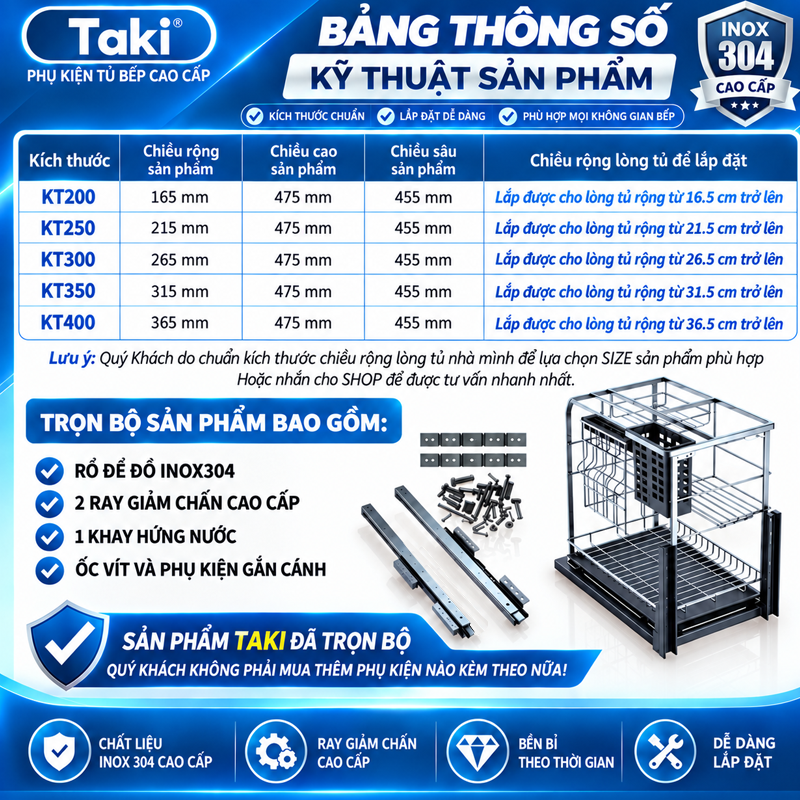 Trọn Bộ Giá Kéo Dao Thớt RELAXY CAO CẤP, Kệ Dao Thớt Tủ Bếp , INOX 304, Ray ÂM Giảm Chấn, Bảo Hành Vĩnh Viễn, Có Lắp