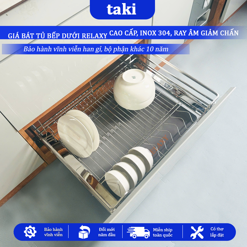 Giá Kéo Bát Tủ Bếp Dưới Đa Năng RELAXY, Kệ Chén Tủ Bếp - INOX  304 - Ray Âm Giảm Chấn - Bảo Hành Vĩnh Viễn - Có Thợ Lắp