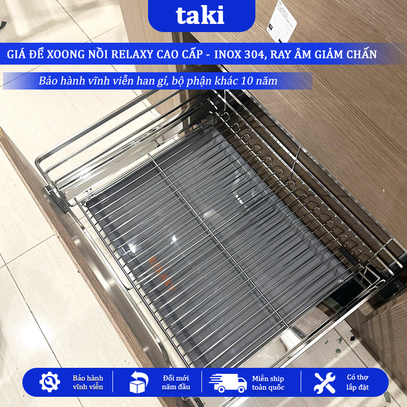 Trọn Bộ Giá Để Xoong Nồi Tủ Bếp Dưới RELAXY CAO CẤP- INOX 304 - Ray Âm Giảm Chấn, Bảo Hành Vĩnh Viễn - Có Thợ Lắp