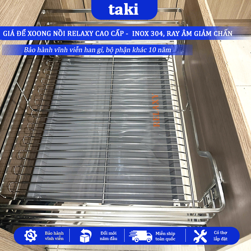 Trọn Bộ Giá Để Xoong Nồi Tủ Bếp Dưới RELAXY CAO CẤP- INOX 304 - Ray Âm Giảm Chấn, Bảo Hành Vĩnh Viễn - Có Thợ Lắp