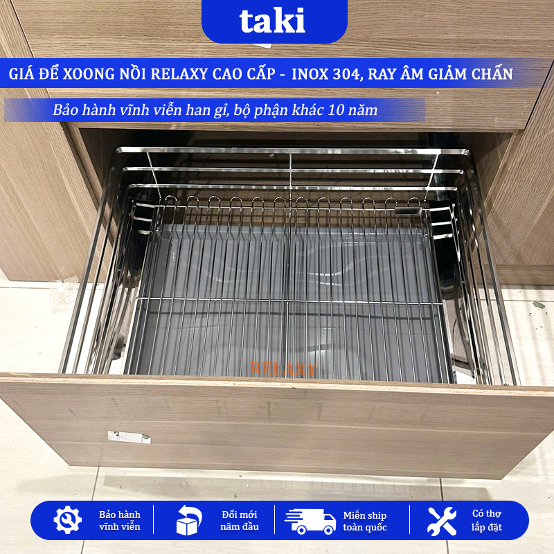 Trọn Bộ Giá Để Xoong Nồi Tủ Bếp Dưới RELAXY CAO CẤP- INOX 304 - Ray Âm Giảm Chấn, Bảo Hành Vĩnh Viễn - Có Thợ Lắp