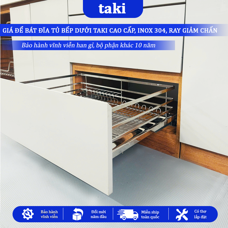 Giá Bát Tủ Dưới TAKI CẤP, Giá Bát Tủ Bếp Dưới - INOX 304 - Ray Âm Giảm Chấn - Bảo Hành Vĩnh Viễn - Có Thợ Lắp