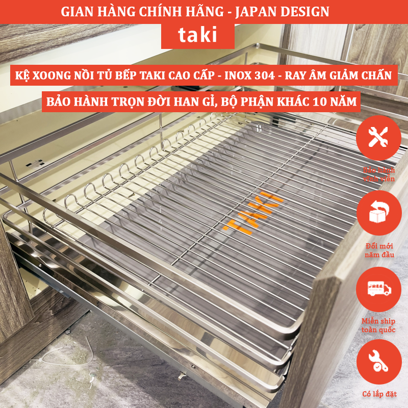Giá Kéo Xoong Nồi Tủ Bếp Dưới TAKI -  INOX 304 -  Ray Âm Giảm Chấn Cao Cấp - Bảo Hành Vinh Viễn -Có Thợ Lắp
