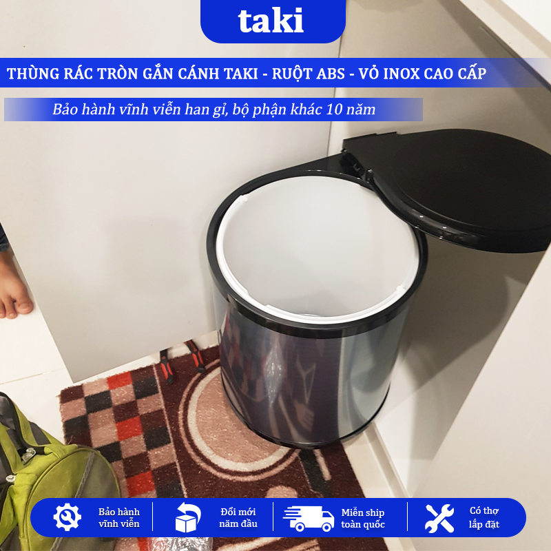 Thùng Rác Gắn Cánh Tủ Bếp TAKI CAO CẤP, Thùng Rác Tủ Bếp - Bọc INOX Không Gỉ 304 - Bảo Hành 10 Năm - Có Thợ Lắp