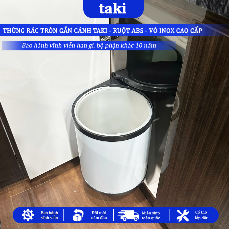 Thùng Rác Tủ Bếp - Thùng Rác Tròn Gắn Cánh TAKI CAO CẤP - Bảo Hành 10 Năm - Có Thợ Lắp