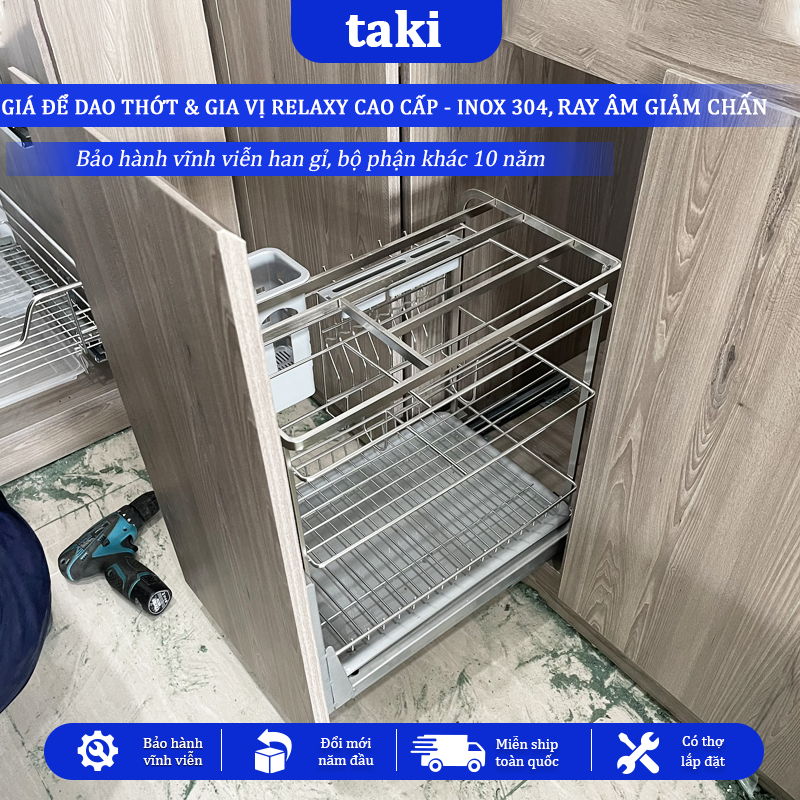 Trọn Bộ Giá Kéo Dao Thớt RELAXY CAO CẤP, Kệ Dao Thớt Tủ Bếp , INOX 304, Ray ÂM Giảm Chấn, Bảo Hành Vĩnh Viễn, Có Lắp