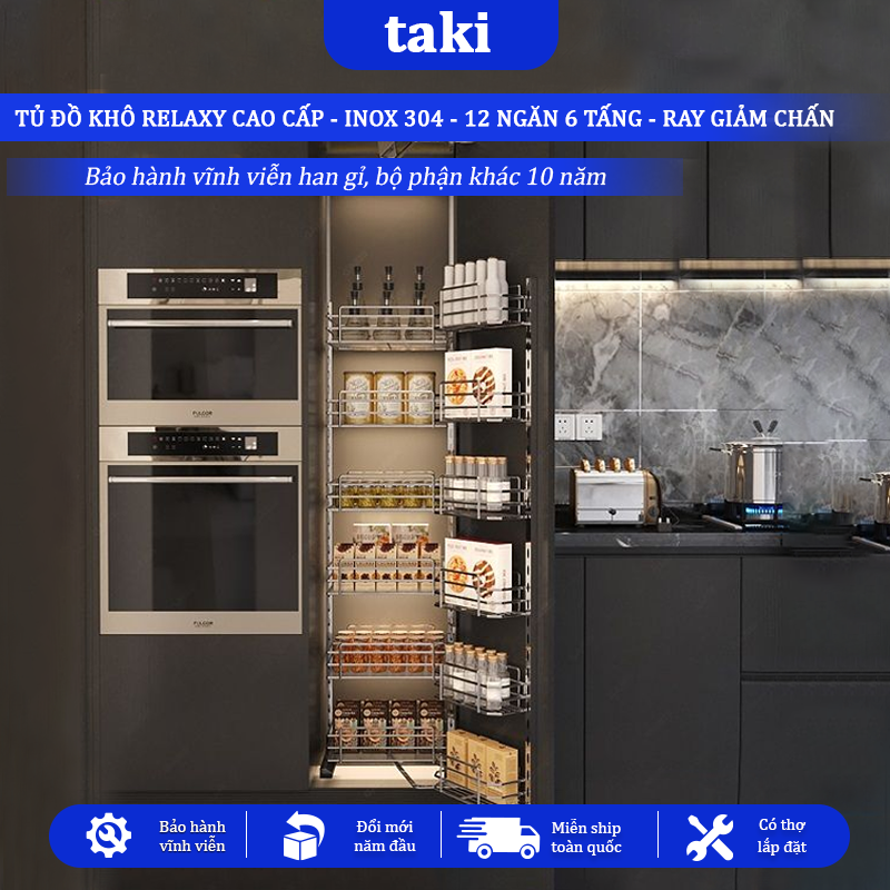 Tủ Đồ Khô Nhà Bếp 12 Ngăn 6 Tầng RELAXY CAO CẤP, INOX 304, Hệ Ray Giảm Chấn - Bảo Hành Vĩnh Viễn - Có Thợ Lắp
