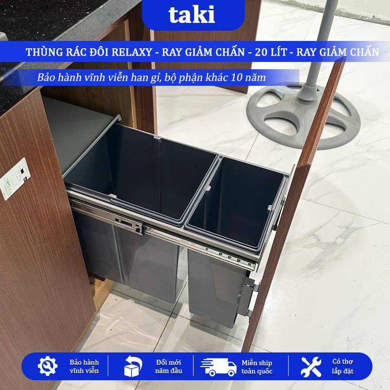 Thùng Rác Đôi Thông Minh RELAXY CAO CẤP Âm Tủ Bếp, 2 Khoang Dung Tích 20L - Bảo Hành 10 Năm - Có Thợ Lắp