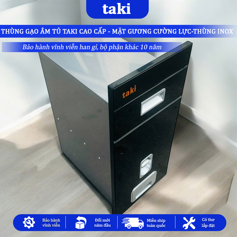 Thùng Gạo Âm Tủ TAKI Tủ Bếp CAO CẤP, Thùng Gạo Tủ Bếp, Mặt Gương Cường Lực, Thùng INOX 304, Bảo Hành Vĩnh Viễn
