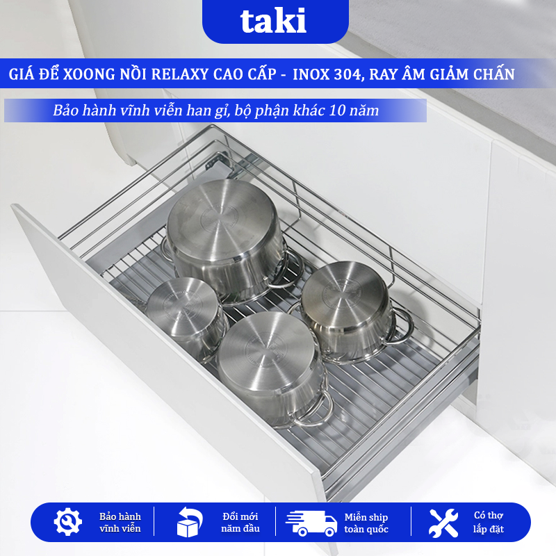Trọn Bộ Giá Để Xoong Nồi Tủ Bếp Dưới RELAXY CAO CẤP- INOX 304 - Ray Âm Giảm Chấn, Bảo Hành Vĩnh Viễn - Có Thợ Lắp