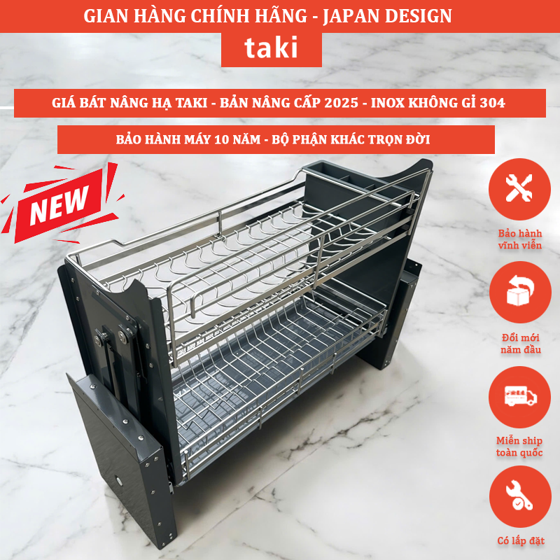 Giá Bát Nâng Hạ TAKI GRAY CAO CẤP - NEW 2025 - INOX Không Gỉ 304, Bảo Hành Máy 10 Năm - Bảo Hành Vĩnh Viễn - Có Thợ Lắp Đặt