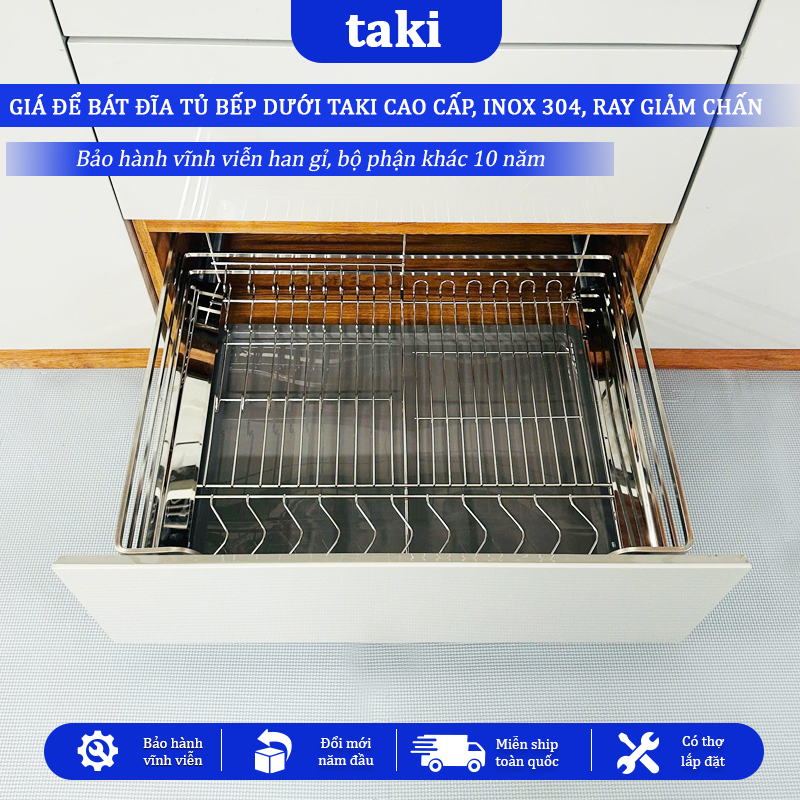 Giá Bát Tủ Dưới TAKI CẤP, Giá Bát Tủ Bếp Dưới - INOX 304 - Ray Âm Giảm Chấn - Bảo Hành Vĩnh Viễn - Có Thợ Lắp
