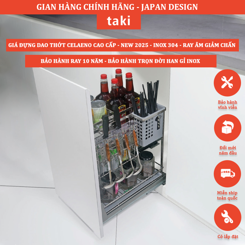 Kệ Dao Thớt & Gia Vị Tủ Bếp CELAENO - INOX 304, Ray Âm Giảm Chấn, Bảo Hành Vĩnh Viễn, Có Thợ Lắp