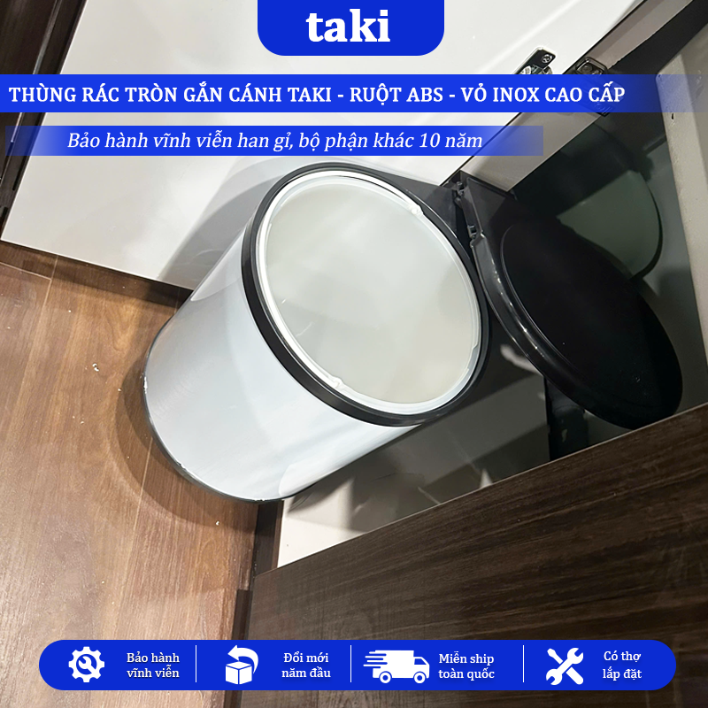 Thùng Rác Tủ Bếp - Thùng Rác Tròn Gắn Cánh TAKI CAO CẤP - Bảo Hành 10 Năm - Có Thợ Lắp
