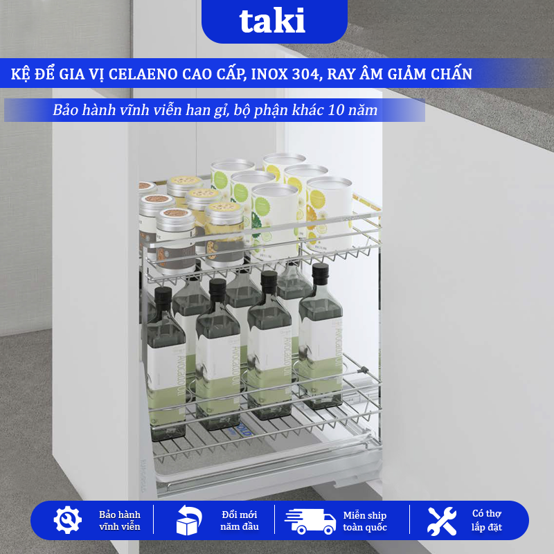 Kệ Đựng Gia Vị Tủ Bếp CELAENO CAO CẤP, INOX 304, Ray Giảm Chấn , Bảo Hành Vĩnh Viễn, Có Thợ Lắp