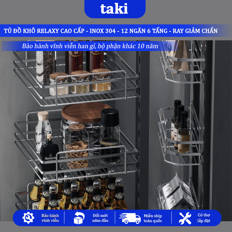 Tủ Đồ Khô Nhà Bếp 12 Ngăn 6 Tầng RELAXY CAO CẤP, INOX 304, Hệ Ray Giảm Chấn - Bảo Hành Vĩnh Viễn - Có Thợ Lắp