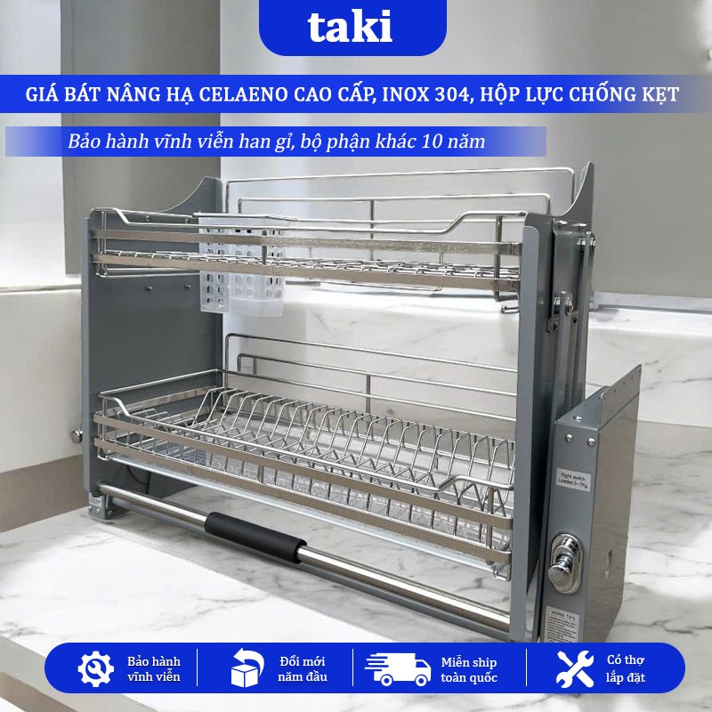 Kệ Chén Di Động, Giá Bát Nâng Hạ CELAENO GRAY, Kệ Chén Nâng Hạ - INOX Không Gỉ 304 - Bảo Hành Vĩnh Viễn - Có Thợ Lắp