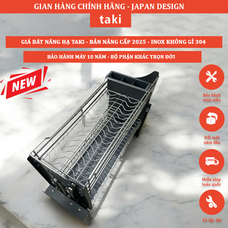 Giá Bát Nâng Hạ TAKI GRAY CAO CẤP - NEW 2025 - INOX Không Gỉ 304, Bảo Hành Máy 10 Năm - Bảo Hành Vĩnh Viễn - Có Thợ Lắp Đặt