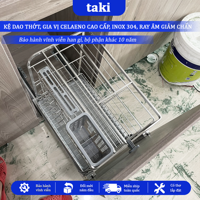 Kệ Dao Thớt & Gia Vị Tủ Bếp CELAENO - INOX 304, Ray Âm Giảm Chấn, Bảo Hành Vĩnh Viễn, Có Thợ Lắp