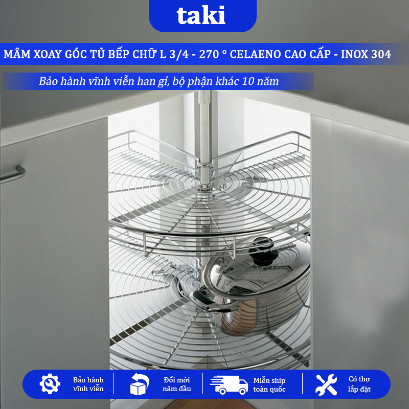 Kệ Góc Tủ Bếp CELAENO CAO CẤP, Kệ Góc Chữ L, Mâm Xoay 3/4 (270°) - INOX 304 - Bảo Hành Vĩnh Viễn - Có Thợ Lắp
