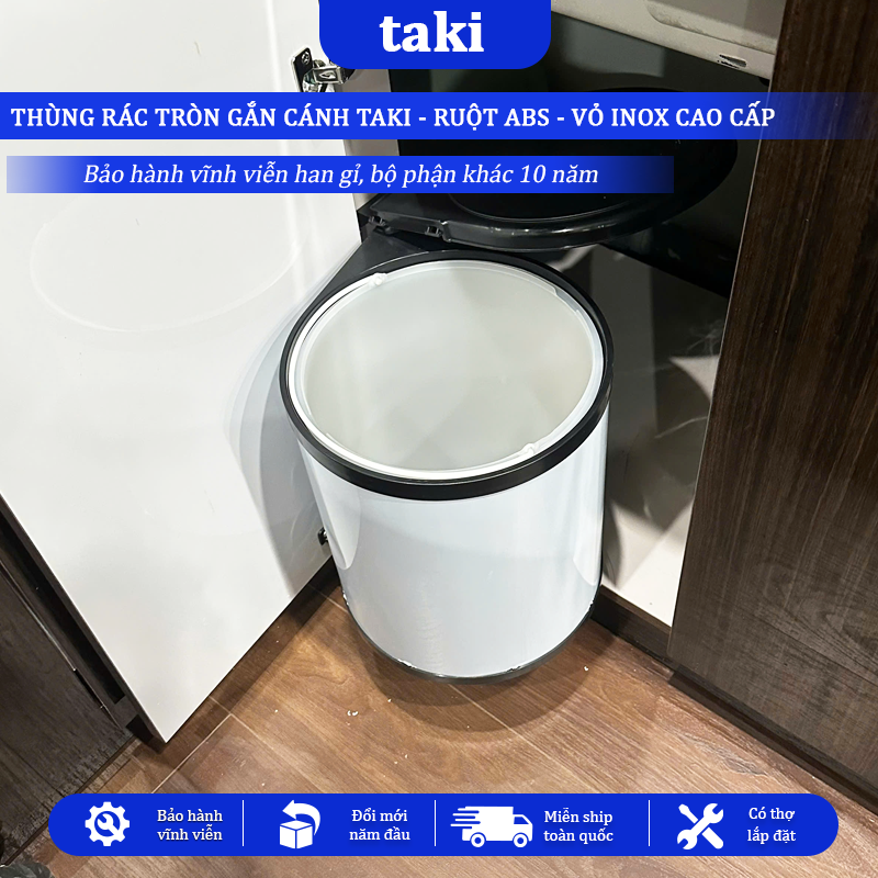 Thùng Rác Tủ Bếp - Thùng Rác Tròn Gắn Cánh TAKI CAO CẤP - Bảo Hành 10 Năm - Có Thợ Lắp