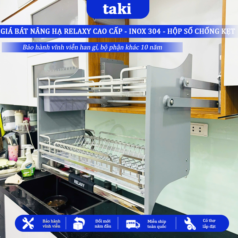 Giá Bát Nâng Hạ RELAXY CAO CẤP, Kệ Chén Nâng Hạ, INOX 304, Bảo Hành Hộp Lực 10 Năm, Trọn Đời Han Gỉ INOX, Có Thợ Lắp