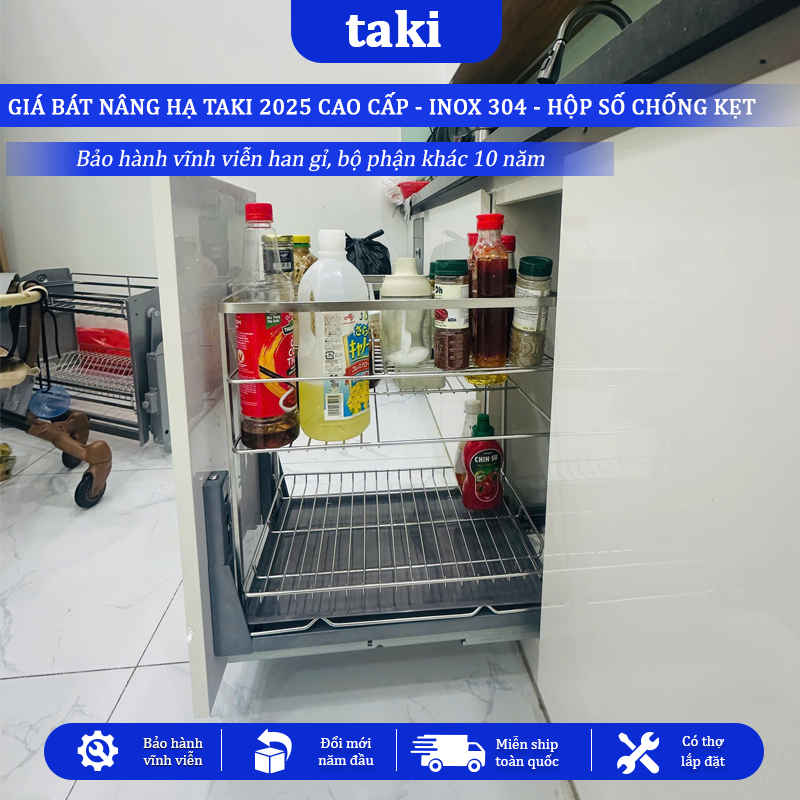 Kệ Đựng Gia Vị, Chai Lọ Tủ Bếp TAKI CAO CẤP, Chất Liệu INOX 304, Hệ Ray giảm Chấn, Bảo Hành Vĩnh Viễn, Có Thợ Lắp
