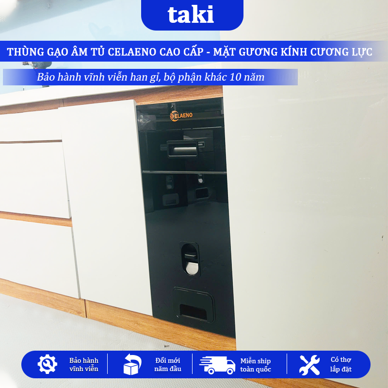 Thùng Gạo Tủ Bếp CELAENO CAO CẤP,, Thùng Gạo Âm Tủ, Mặt Gương Cường Lực, Bảo Hành Vĩnh Viễn