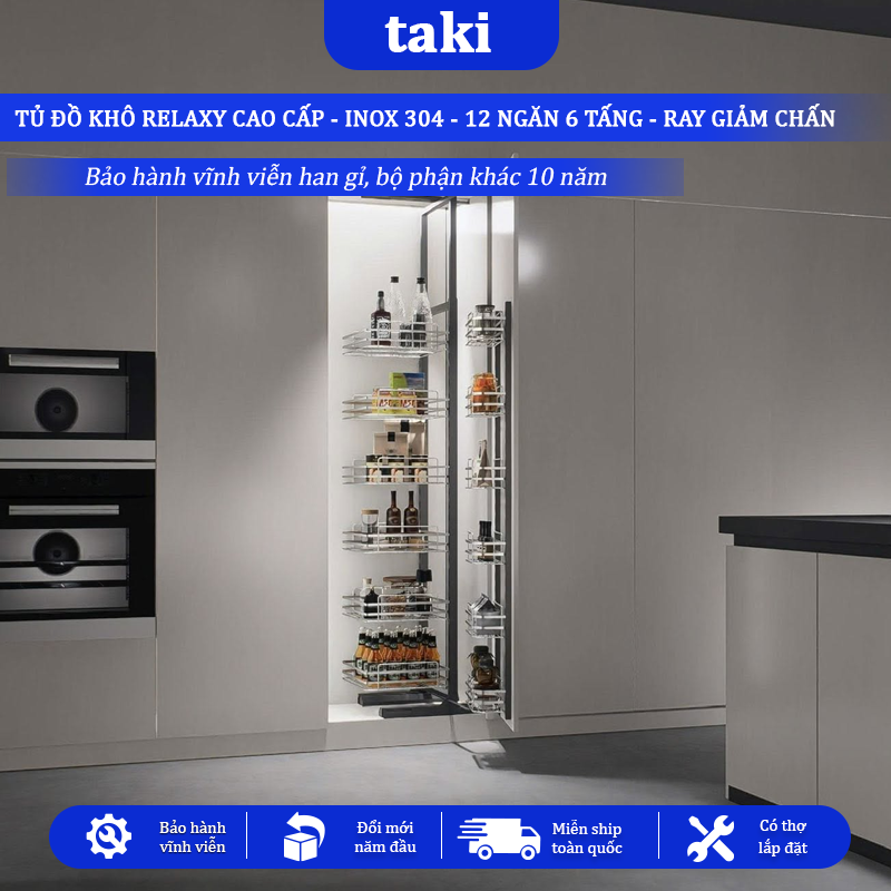 Tủ Đồ Khô Nhà Bếp 12 Ngăn 6 Tầng RELAXY CAO CẤP, INOX 304, Hệ Ray Giảm Chấn - Bảo Hành Vĩnh Viễn - Có Thợ Lắp