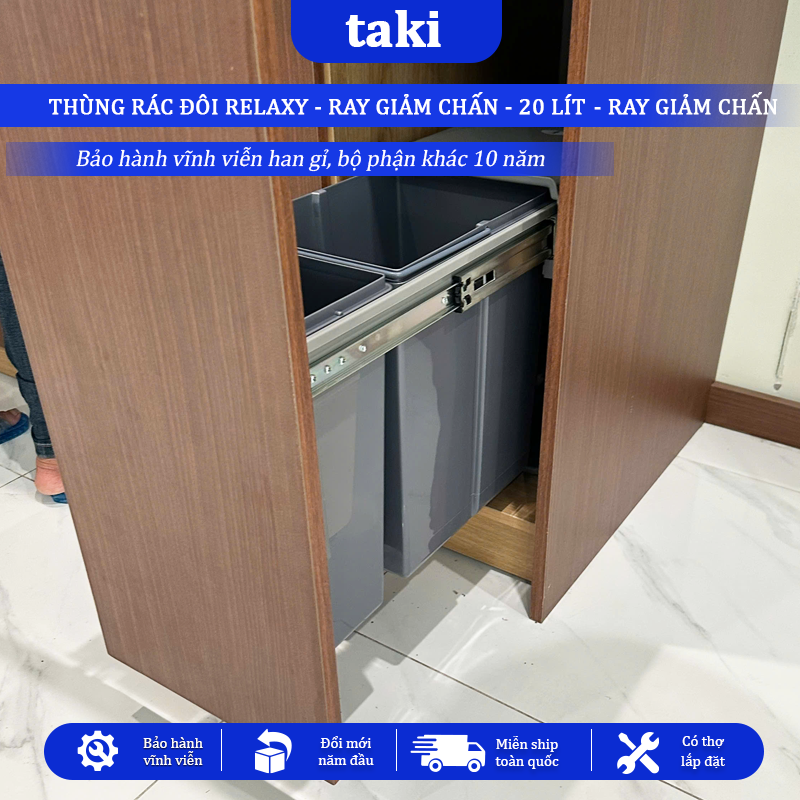 Thùng Rác Đôi Thông Minh RELAXY CAO CẤP Âm Tủ Bếp, 2 Khoang Dung Tích 20L - Bảo Hành 10 Năm - Có Thợ Lắp