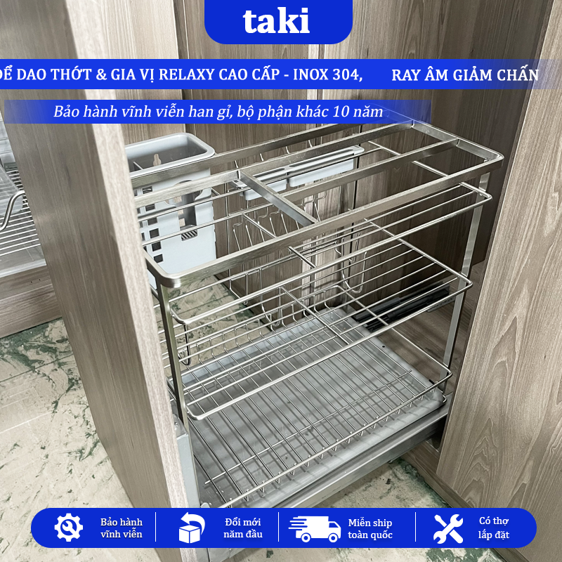 Trọn Bộ Giá Kéo Dao Thớt RELAXY CAO CẤP, Kệ Dao Thớt Tủ Bếp , INOX 304, Ray ÂM Giảm Chấn, Bảo Hành Vĩnh Viễn, Có Lắp