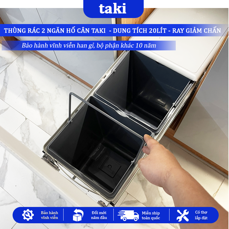 Thùng Rác Đôi Thông Minh Âm Tủ Bếp TAKI CAO CẤP , 2 Ngăn, Hố Cân, Dung Tích 20L - Bảo Hành 10 Năm - Có Thợ Lắp