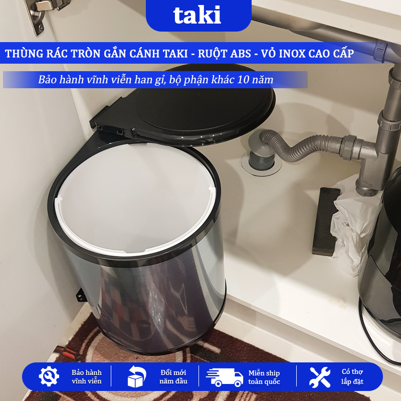 Thùng Rác Gắn Cánh Tủ Bếp TAKI CAO CẤP, Thùng Rác Tủ Bếp - Bọc INOX Không Gỉ 304 - Bảo Hành 10 Năm - Có Thợ Lắp