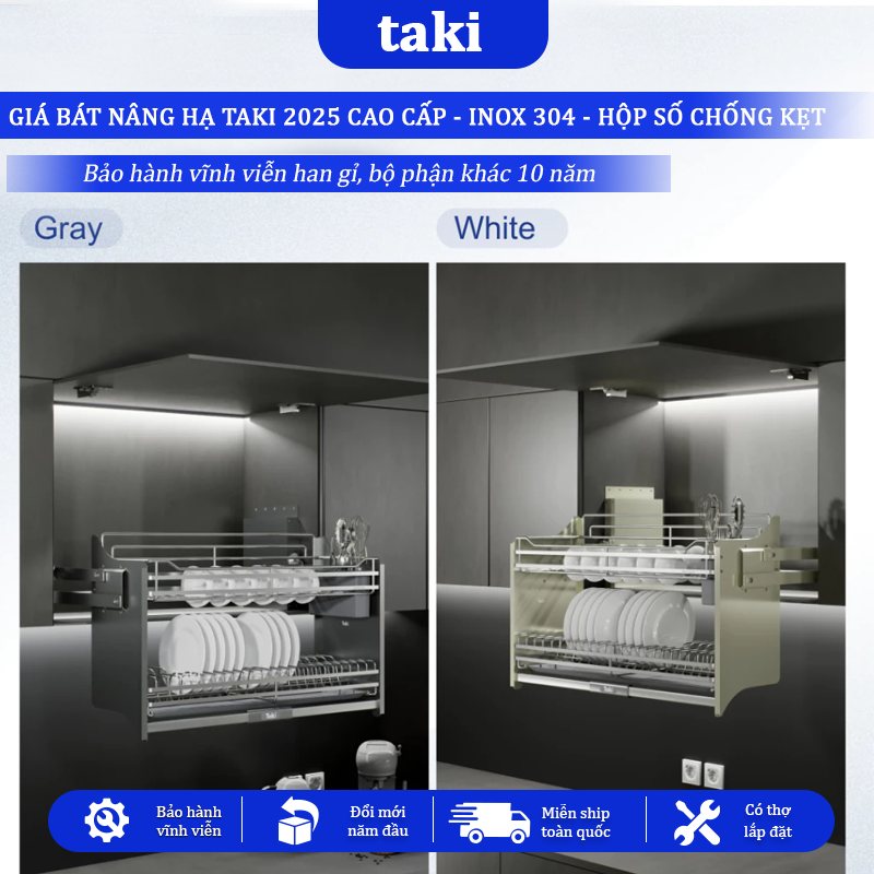 Giá Bát Nâng Hạ TAKI GRAY CAO CẤP - NEW 2025 - INOX Không Gỉ 304, Bảo Hành Máy 10 Năm - Bảo Hành Vĩnh Viễn - Có Thợ Lắp Đặt