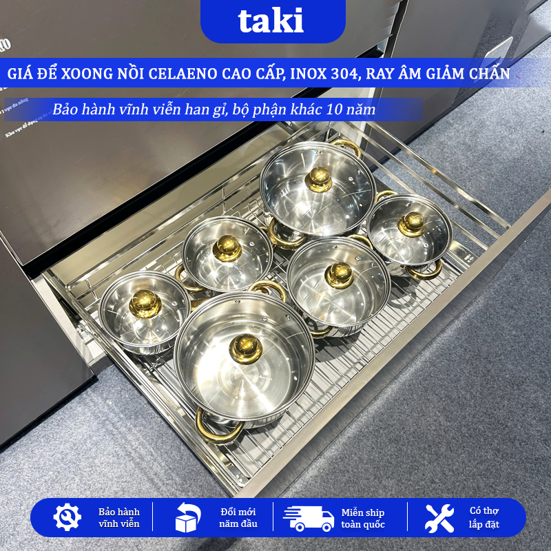 Giá Kéo Xoong Nồi Tủ Bếp CELAENO CAO CẤP, Kệ Xoong Nồi - INOX 304, Ray Âm Giảm Chấn, Bảo Hành Vĩnh Viễn, Có Thợ Lắp