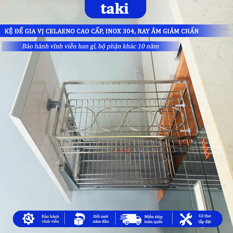 Kệ Đựng Gia Vị Tủ Bếp CELAENO CAO CẤP, INOX 304, Ray Giảm Chấn , Bảo Hành Vĩnh Viễn, Có Thợ Lắp