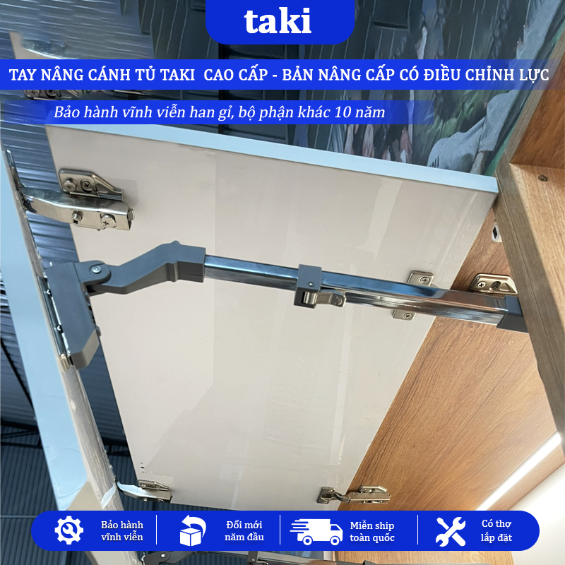 Tay Nâng Cánh Tủ TAKI G225, Bản Nâng Cấp Có Chỉnh Lực, Dừng Đa Điểm, Tay Đẩy Cánh Tủ - Bảo Hành 10 Năm - Có Thợ Lắp